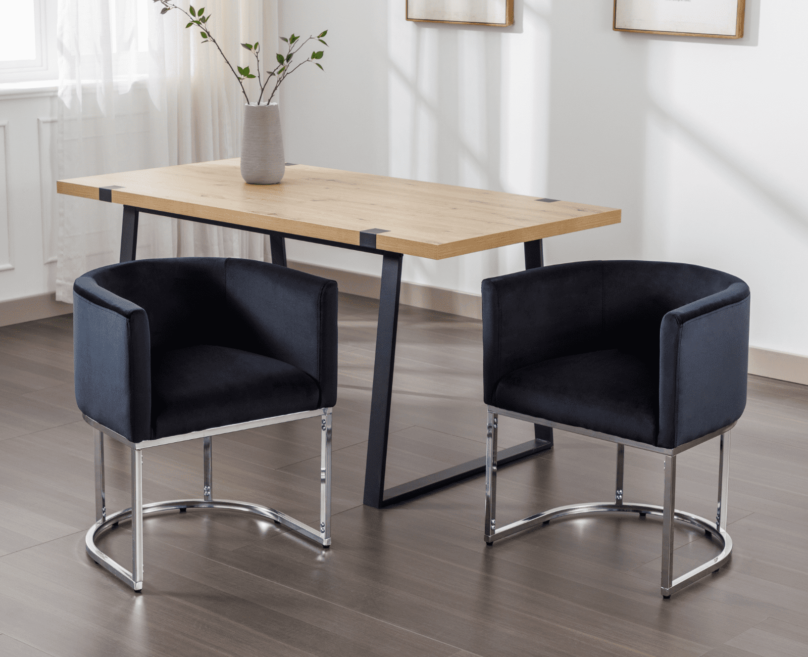 Guyou Modern Velvet Dining Chair, Mid-century Upholstered Barrel Kitchen Chairs Fabric Side Chair with Metal Legs and Curved Back for Living Room Dining Room Bedroom, Black