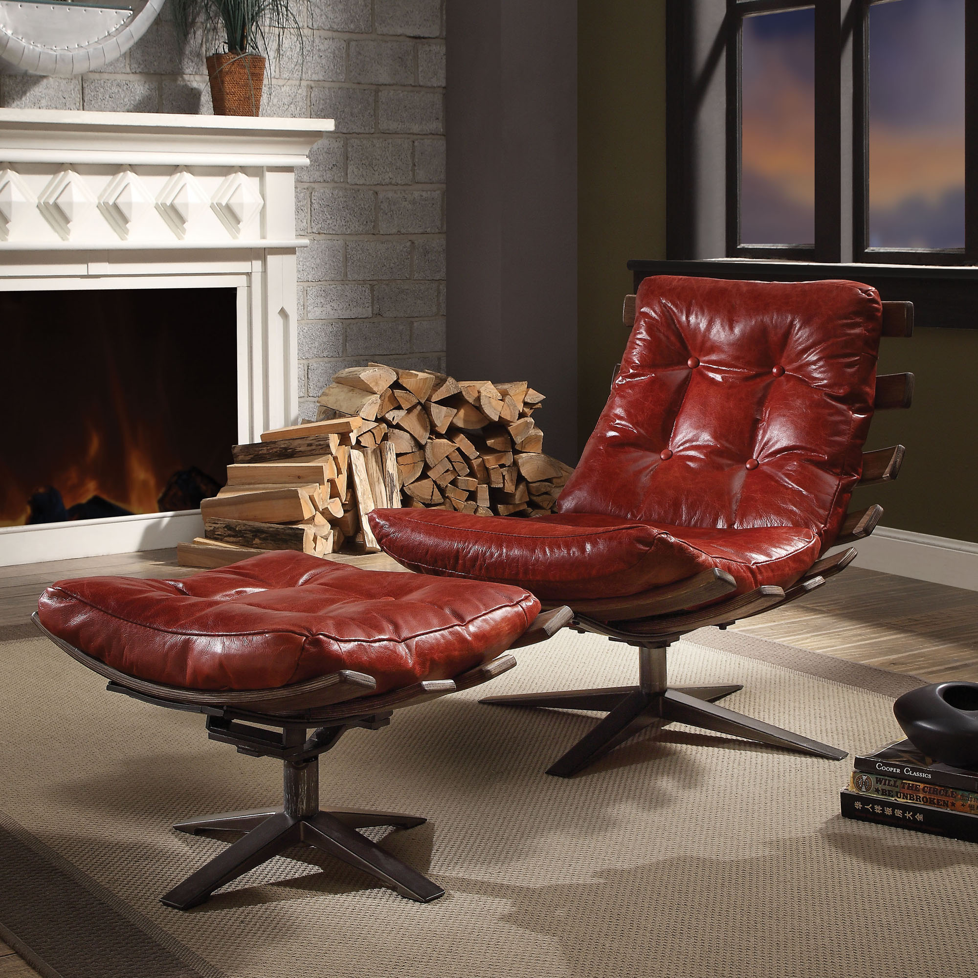 ACME Gandy 2-piece Chair and Ottoman Set in Antique Red and Brown - image 5 of 8