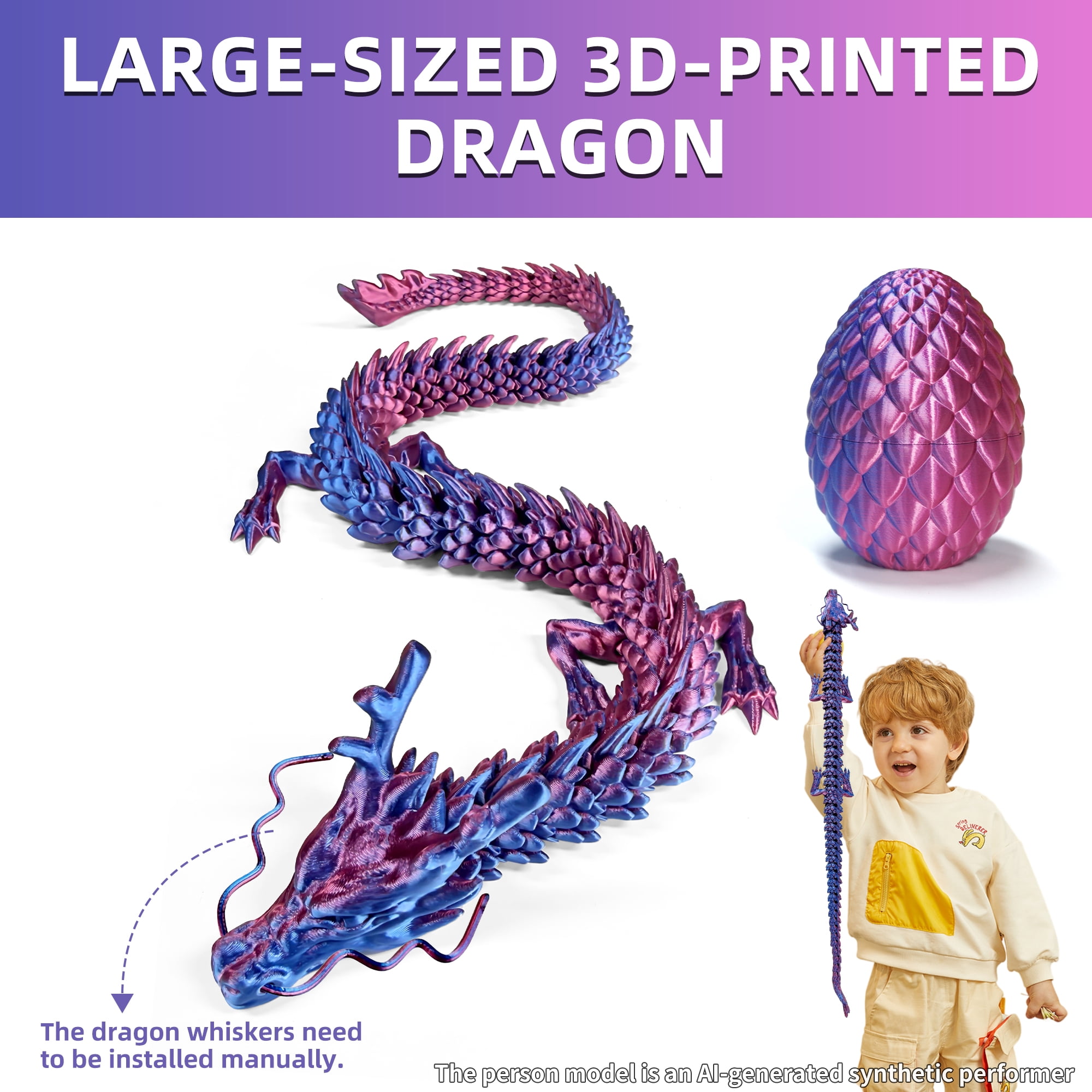 3D Printed Dragon Egg, Colorful 3D Printer Articulated Dragon Toy for Kids, 23.5 inch 3D Printed Easter Dragon ADHD Fidget Toys , Office Desk Figurine Decor