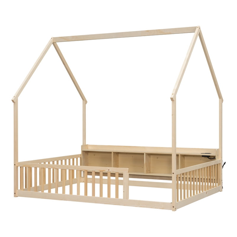 Full Size House-Shaped Canopy Bed with Roof, Wood Kid's Floor Bed Frame with Storage Shelves, LED Lights & Charging Station