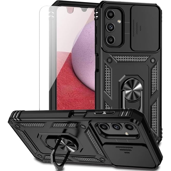 for Samsung Galaxy A14 5G Case with Slide Camera Cover HD Screen Protector [Military Grade 16ft. Drop Tested] Magnetic Ring Holder Kickstand Protective Phone Case for Samsung Galaxy A14 5G, Black