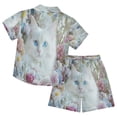 thumbnail image 2 of YAZAOO Button-Down Shirts Summer Shorts Sets Fashion White Cat with Blue Eyes Pattern Casual Set, 2 of 8