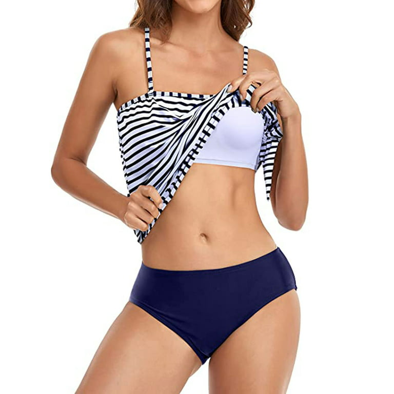 Women's Bandeau Blouson Tankini Top High Waisted Moderate Bottom Two Piece  Swimsuits Bathing Suits