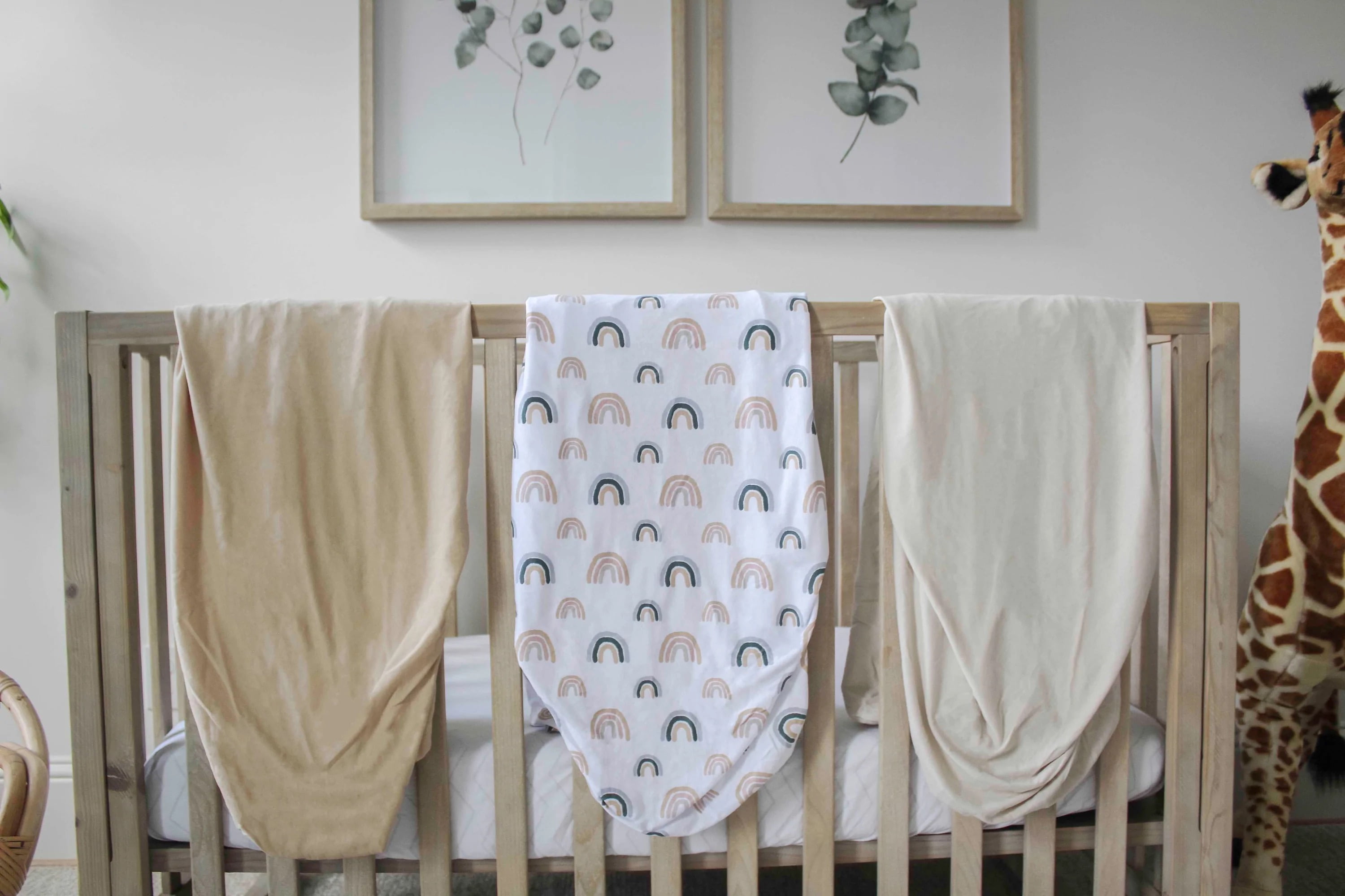 NODNAL CO. 3 Rainbow & Solid Cotton Crib Fitted Sheet Set, 3 Pieces, for Baby Girl or Boy Infant/Toddler Nursery Bedding, Boho Gender Neutral Watercolor Beige/Tan Toddler Mattress 28”x52”x9” Sheet