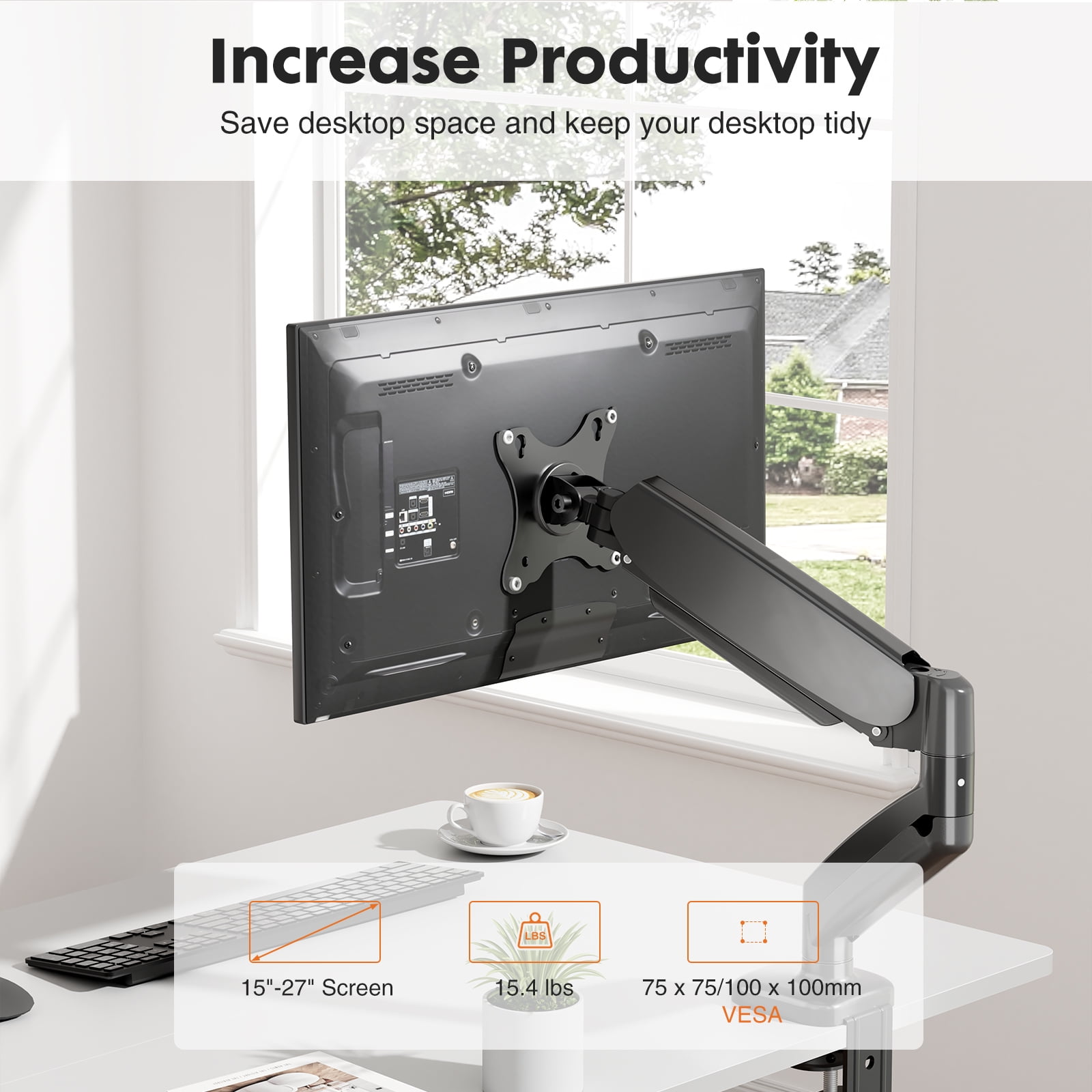 GIANNA Single Monitor Mount, With Clamp and Grommet Base, Fits 4.4 to 15.4 LBS Vesa 75 100 x 100, For Wide 15 to 27 Inch Screen