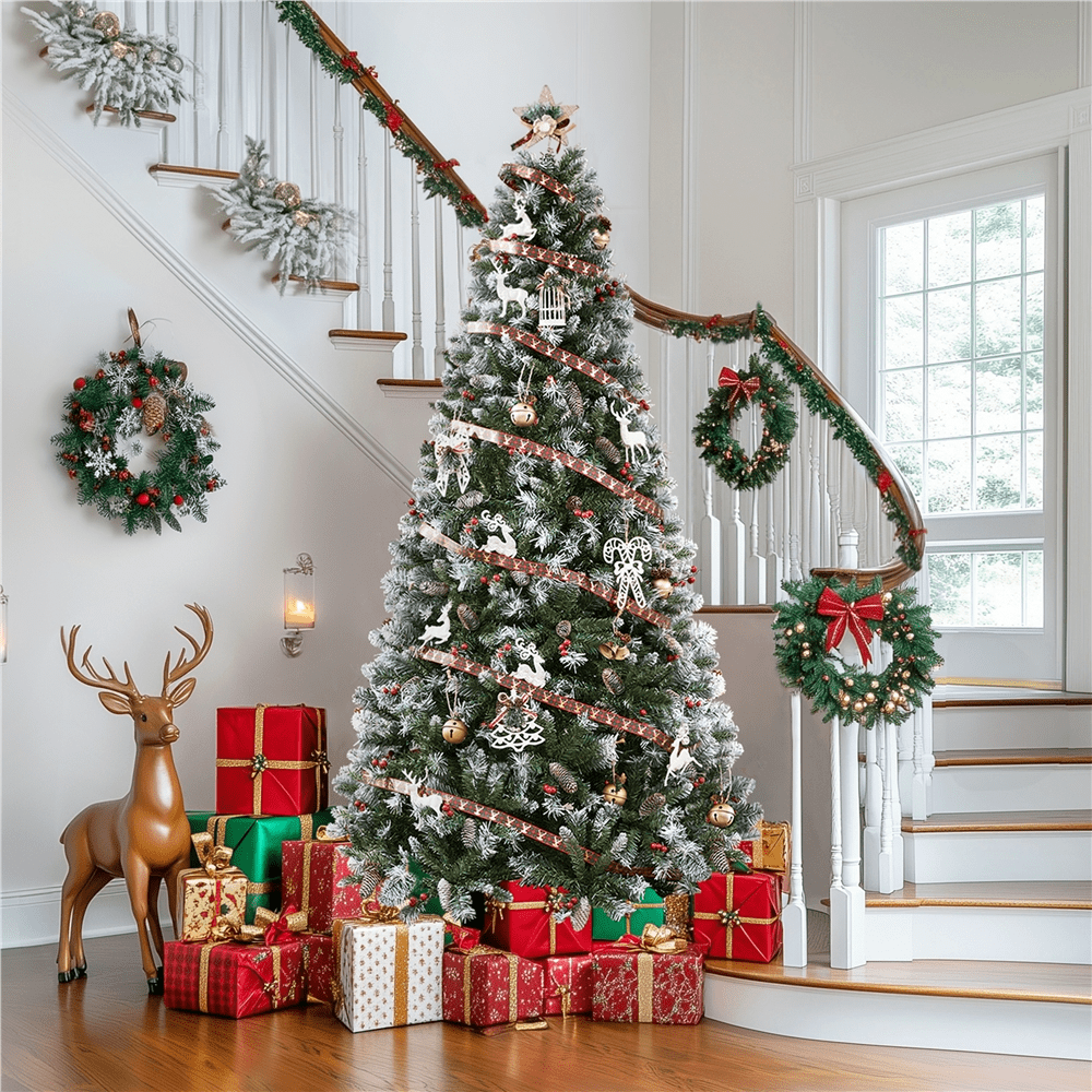 Alden Design 6Ft Pre-lit Frosted Artificial Christmas Tree with Pinecones & Holly Berries, Green