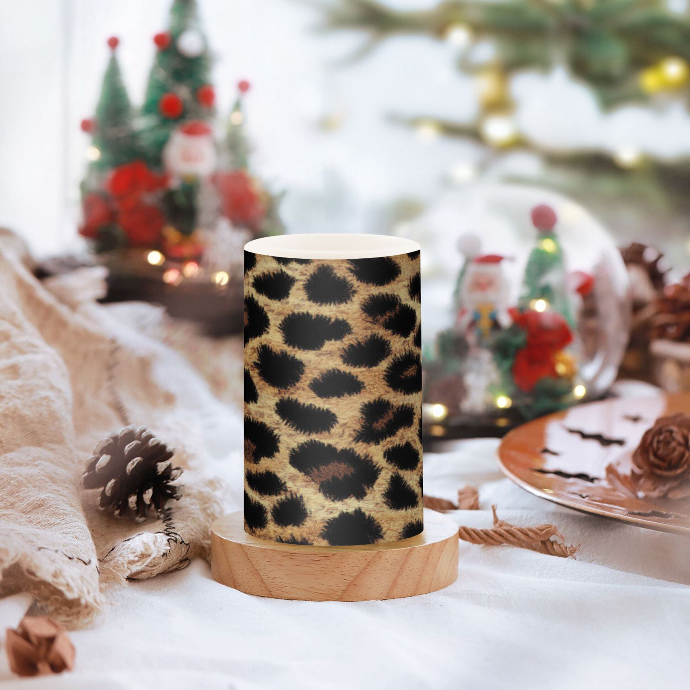 2 PCS Flameless Candles with Remote Timer LED Battery Operated Flickering Candle Light for Wedding Table Home Decoration Gifts Leopard Print Fabric Texture