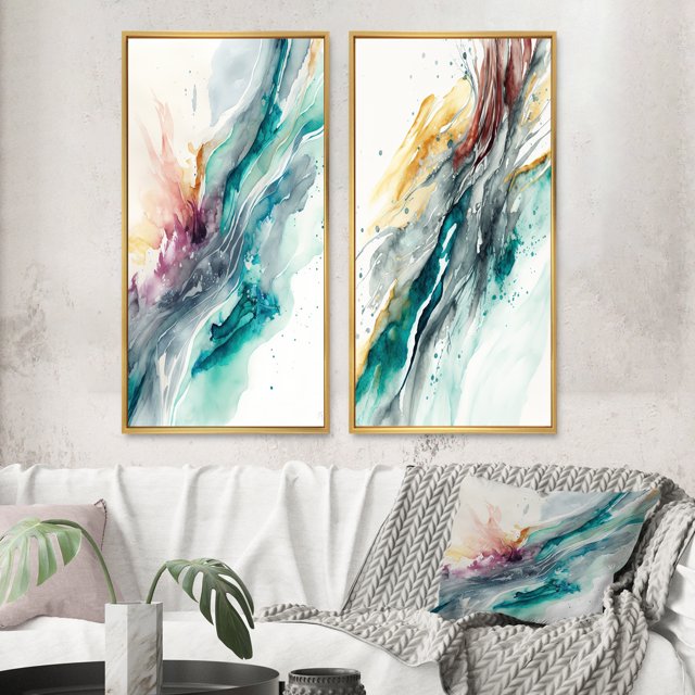 Designart "Turquoise Revelry - Shades of Blue Celebration III" Abstract Liquid Ink Framed Wall Art Set Of 2 - Modern Blue Gallery Wall Frame Set For Home Decor