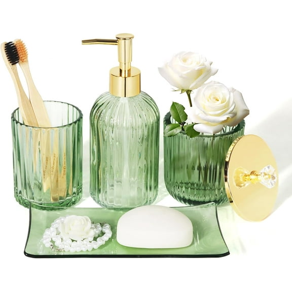 Designer Green Glass Bathroom Accessories Set – 4 Pieces with Lotion Soap Dispenser, Bathroom Toothbrush Holder, Vanity Tray, and Apothecary Jar – Vintage Bathroom Decor, Gift, Countertop Organizer