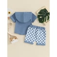 thumbnail image 4 of Suealasg 0-3 Years Toddler Boys Summer Shorts Set Short Sleeve Letter Print Hoodie Tops +Elastic Waist Checkerboard Shorts 2Pcs Newborn Baby Boys Beach Vacation Clothes, 4 of 9