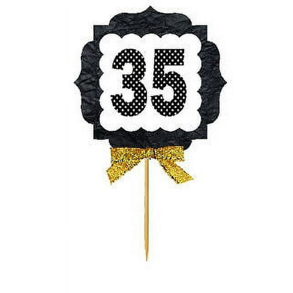 35th Birthday / Anniversary Gold Ribbon Hand Crafted Novelty Cupcake Decoration Toppers / Picks -12ct
