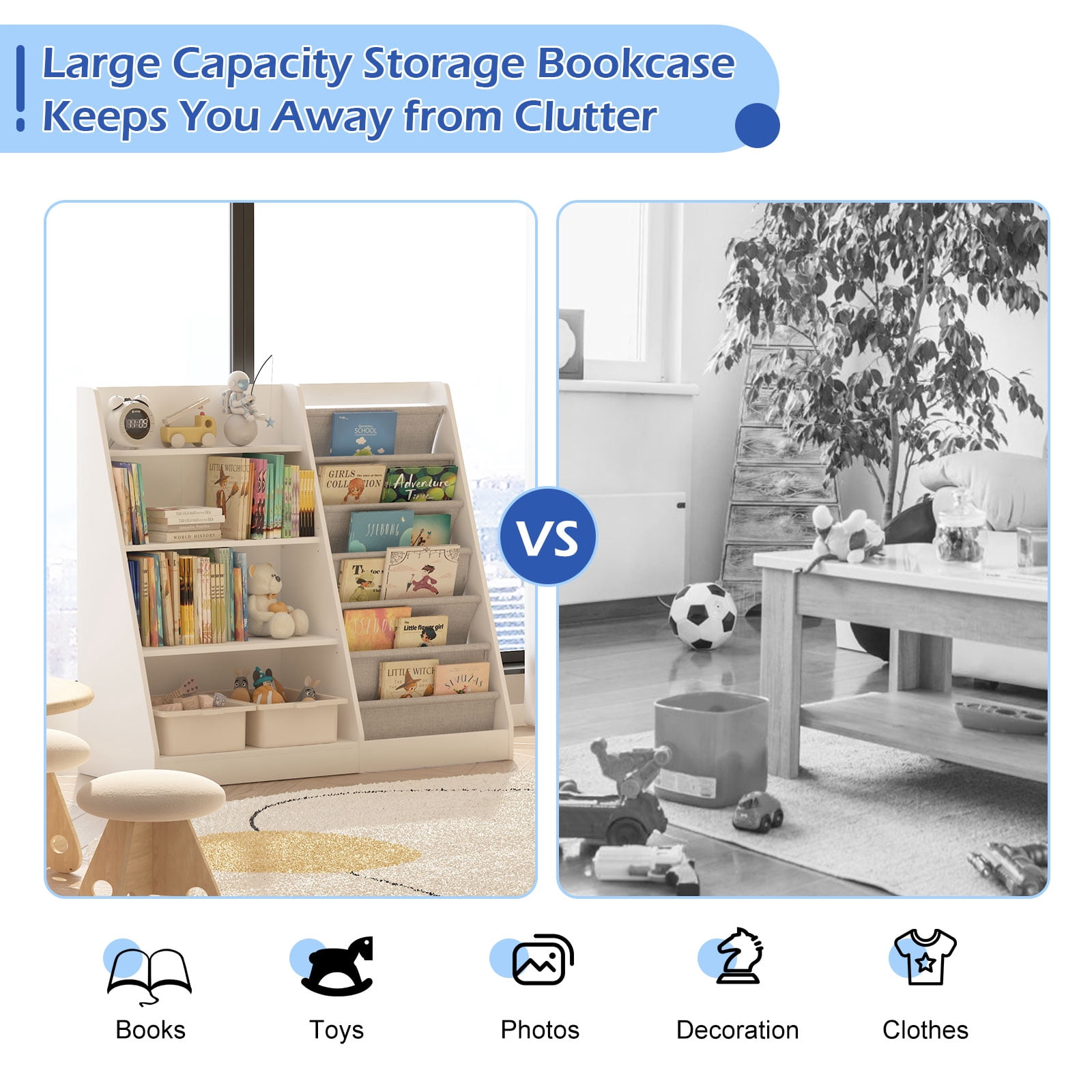Hironpal Large 6 Layer Sling Kids Bookshelf, 4 Tier Wooden Children Toy Organizer Cabinet for Playroom Nursery Classroom Library