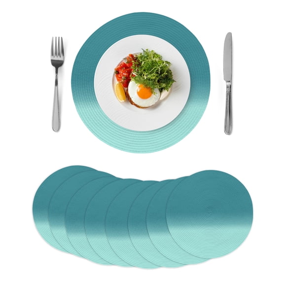 Round Woven Placemats set of 8, Aqua Turquoise Gradient Washable&Heat Resistant Plastic Wipeable Placemats for Round Table Abstract Coastal Kitchen Dining Table Decor, 15in,