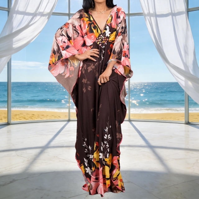XUNKUSGA Grande Taille Sorties de Plage pour Femmes Mode Robe Caftan à Manches Chauve-Souris Ample Confortable Douce d'Été à Imprimé Floral Robe Maxi, Rouge, Taille Unique