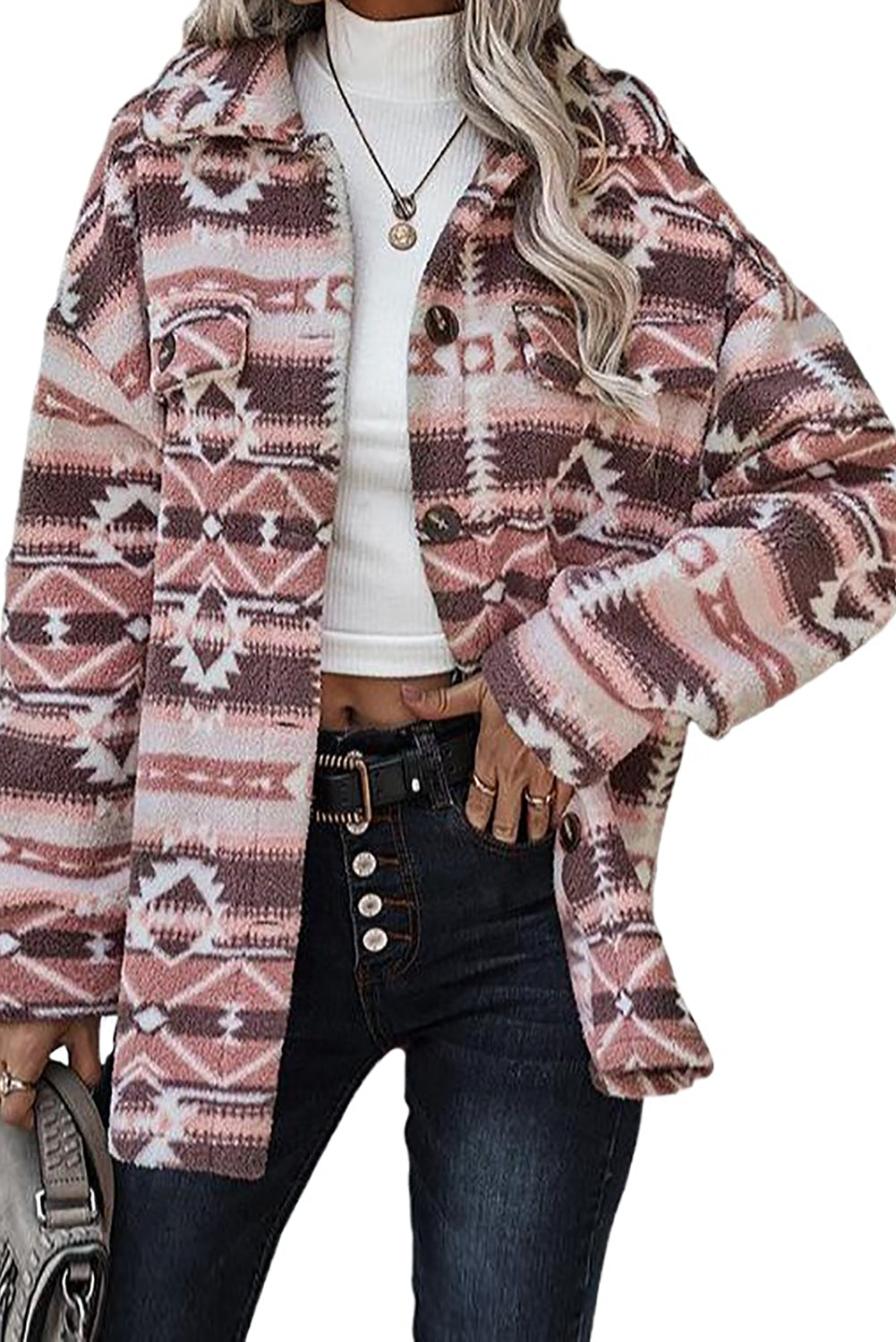 Women Pink Tribal Print Pocket Buttoned 