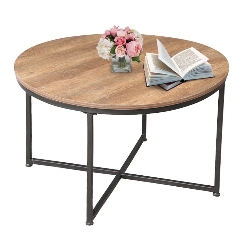 UHOMEPRO Round Coffee Table Modern Vintage Style with Black Metal Legs