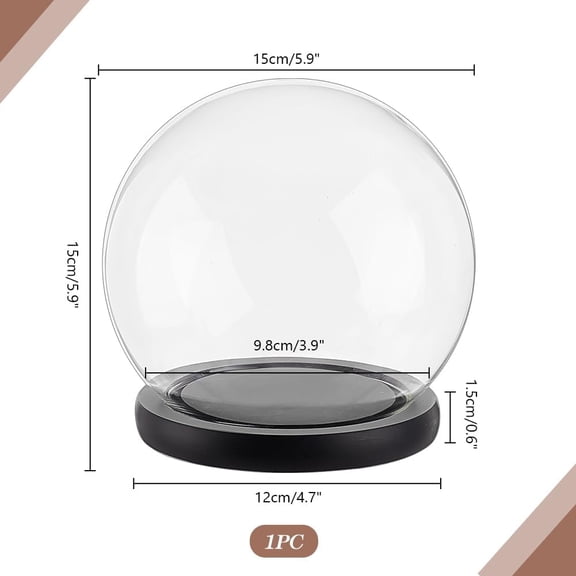 1pc Glass Round Cover Decorative Display Case Cloche Bell Jar Terrarium with Wood Base for Preserved Flower Gift Black 150x150mm