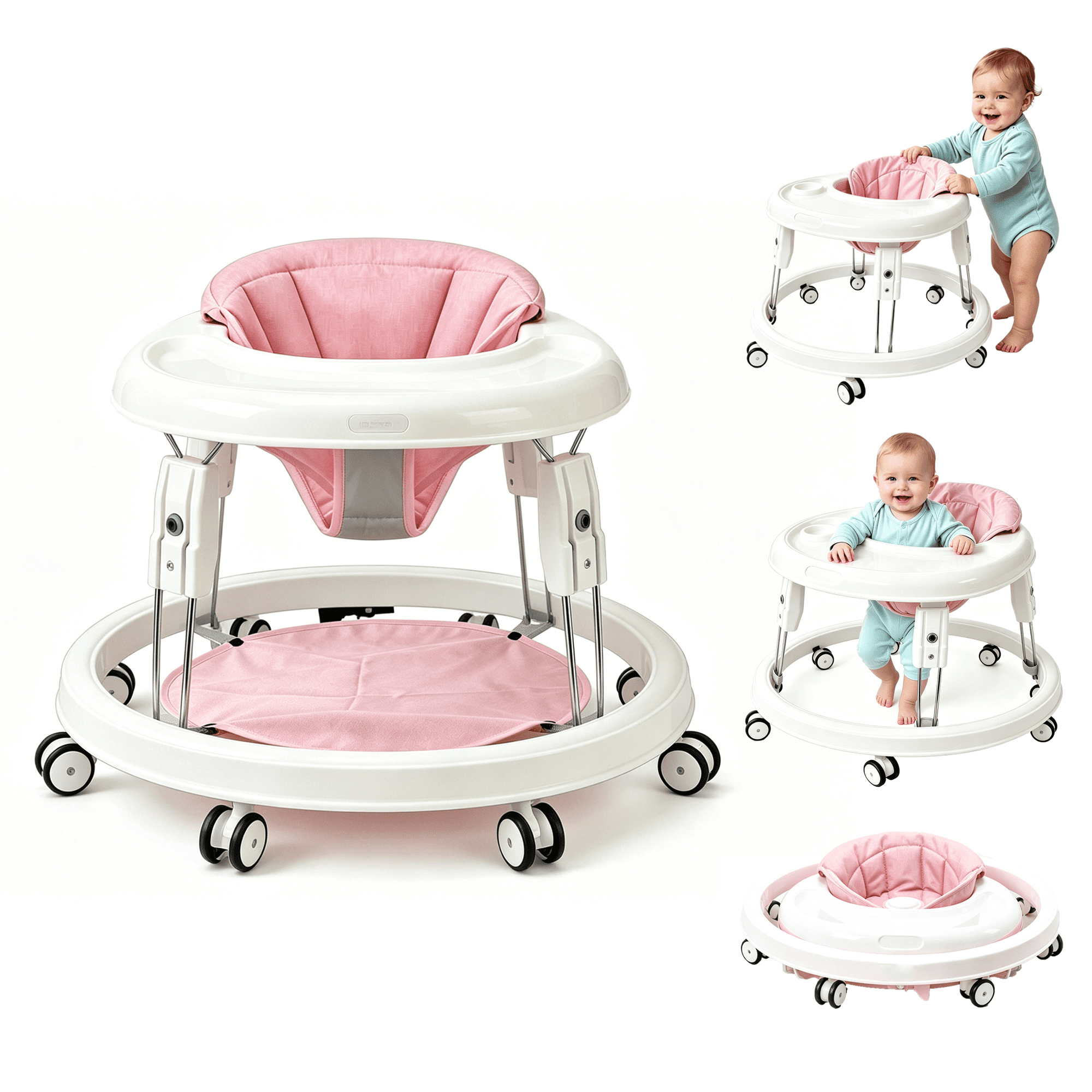 suihuooo Foldable Baby Walker with Height Adjustment,Breathable Cushion for Boy Girl 6-18 Months,Pink