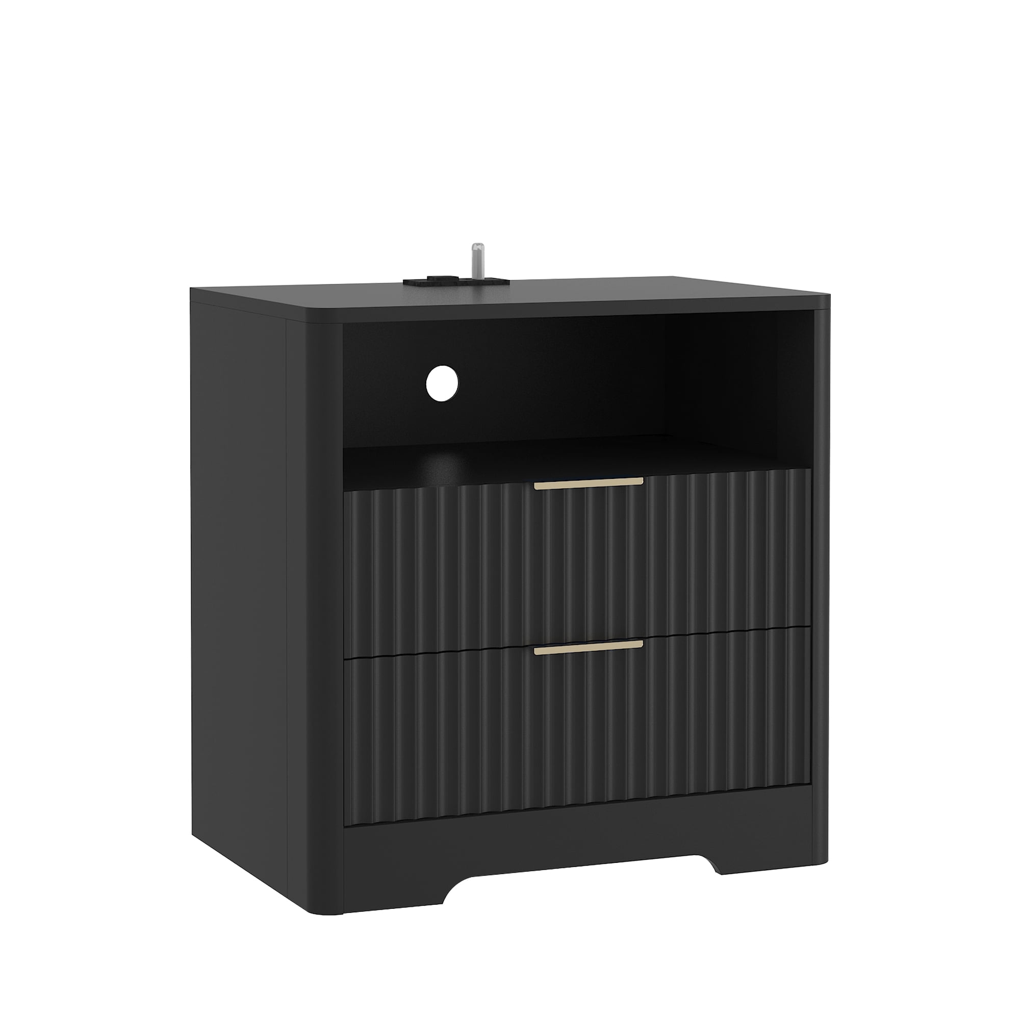 Mintazer Nightstand with Voice-Controlled LED Light & Charging Station, Bedside Table with 2 Drawer Open Shelf for Bedroom, Black