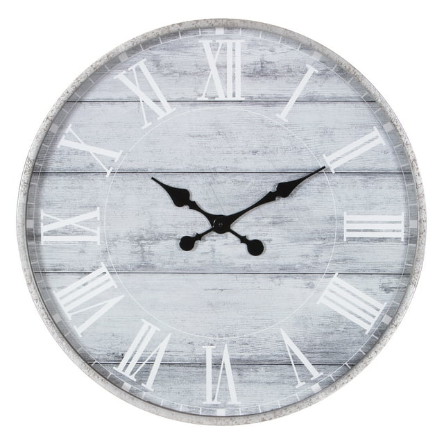 Patton Wall Decor 28" Galvanized Metal Gray Washed Wood Plank Roman Numeral Round Wall Clock, Grey