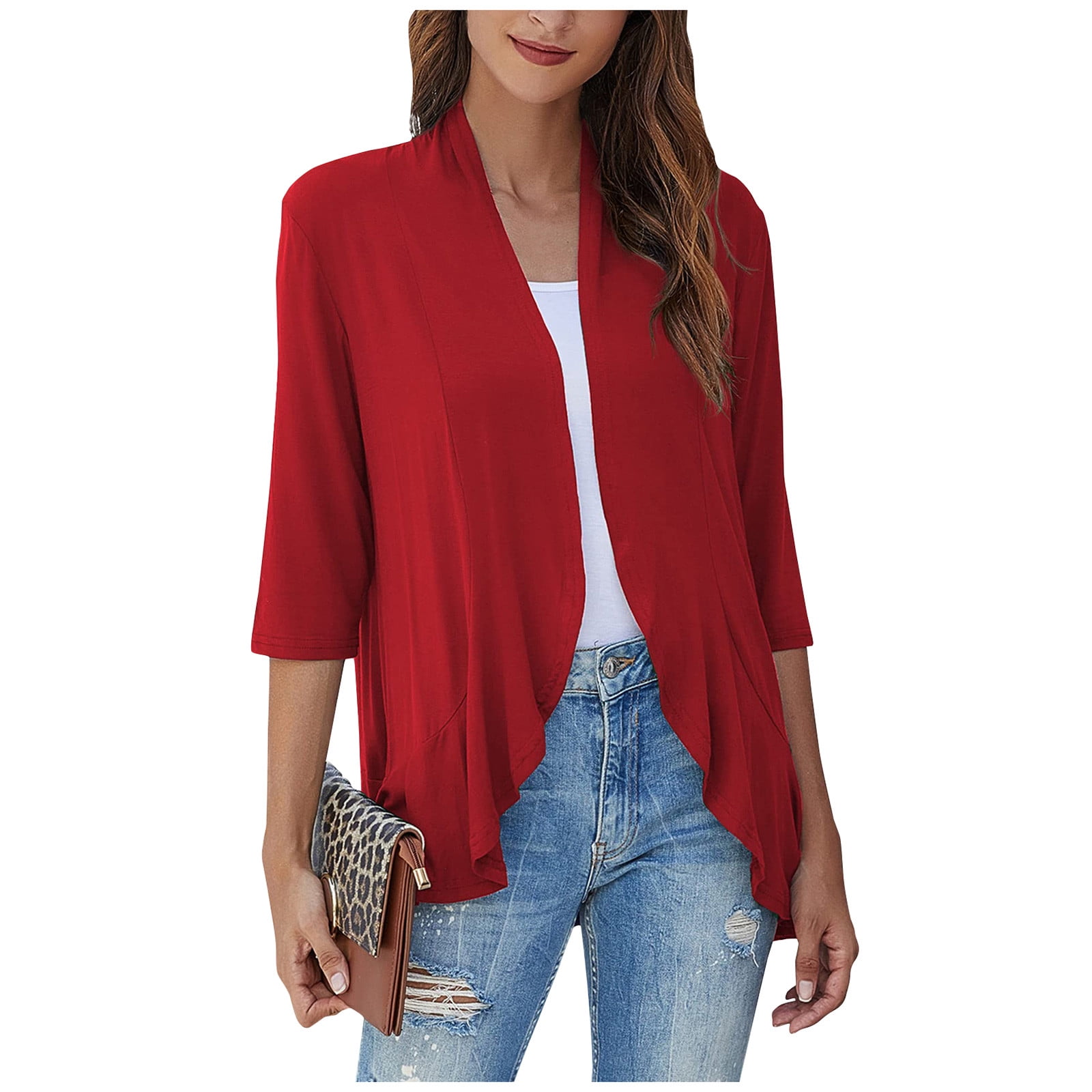 Wenini Clearance Light Cardigans for Women's Casual Lightweight Open Front  Cardigans Soft Draped Ruffles 3/4 Sleeve Cardigan # Flash Sales Today Deals  Prime Clearance Red XL 