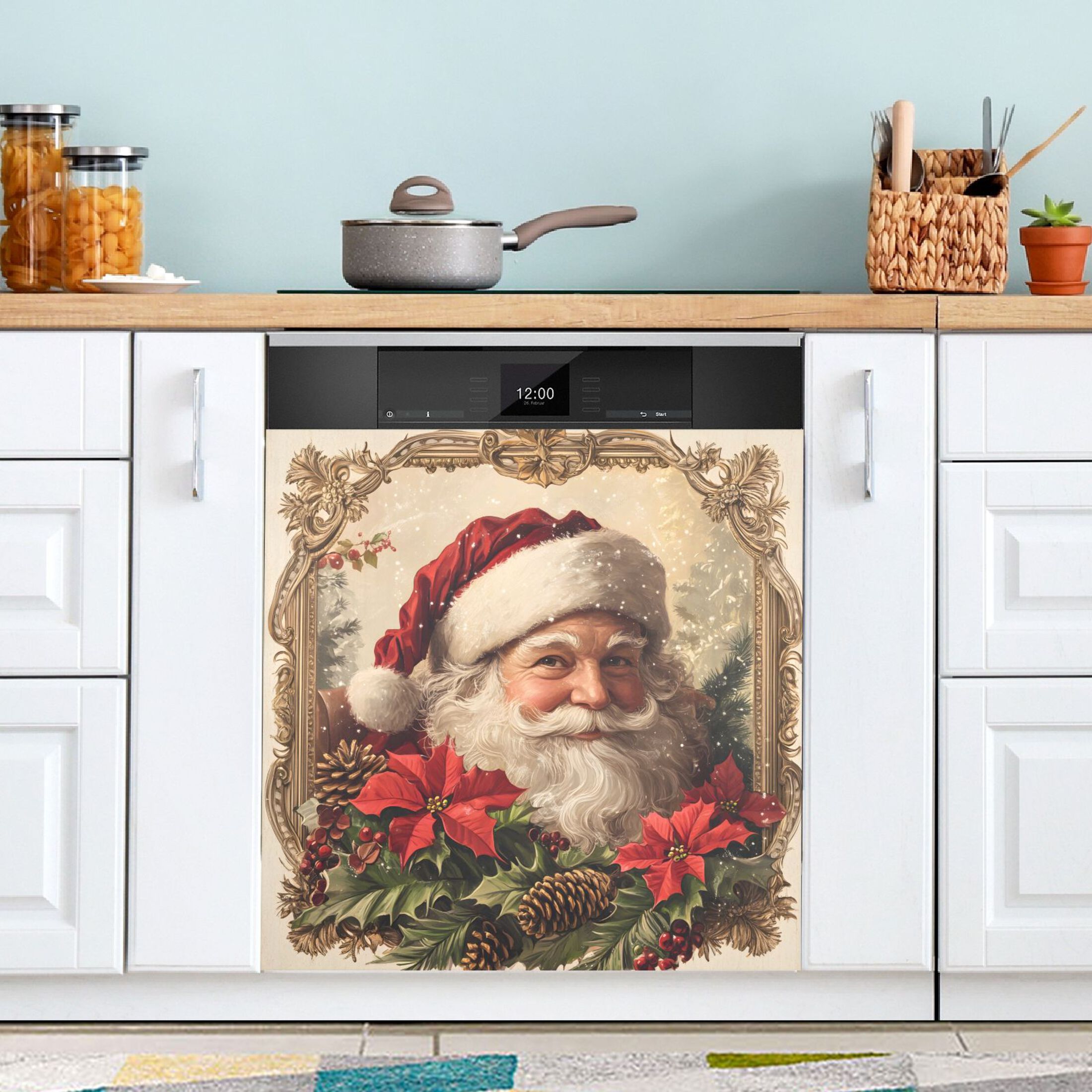Ryvnso Vintage Santa Claus Poinsettia Dishwasher Magnetic Refrigerator Magnet Cover Kitchen Home Decorative 23"x26"