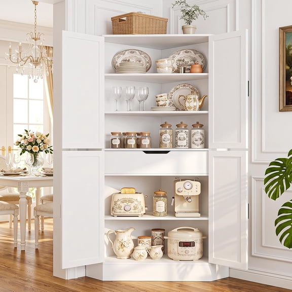 Homieasy 70" Tall Corner Pantry Cabinet, Farmhouse Kitchen Storage Cupboard with 4 Barn Doors, Drawer & Adjustable Shelves, White