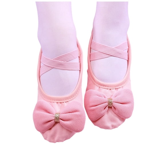 Xfvqtps Ballet Shoes for Girls Soft Sole Non Slip Cross Elastic Straps Waffle Bow Canvas Dance Shoes for Gymnastics Performance Pink