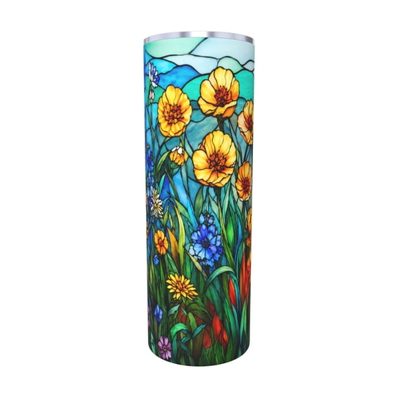 20oz Stained Glass Wildflower Insulated Tumbler with Handle and Straw Colorful Floral Travel Coffee Cup Gift with Straw