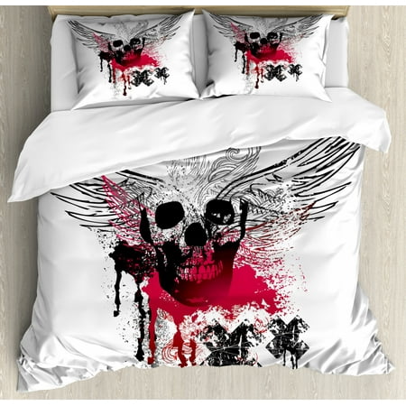 Skull Duvet Cover Set Grunge Wings And Skulls With Signs Color