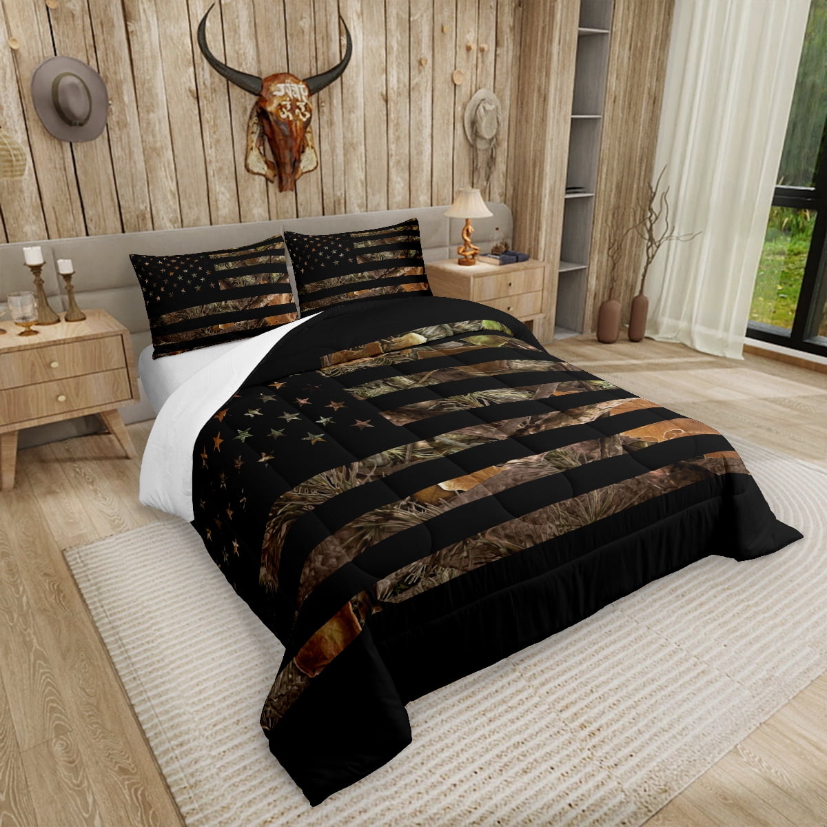 American Flag Camo Comforter Set Queen, Rustic Trees Leaves