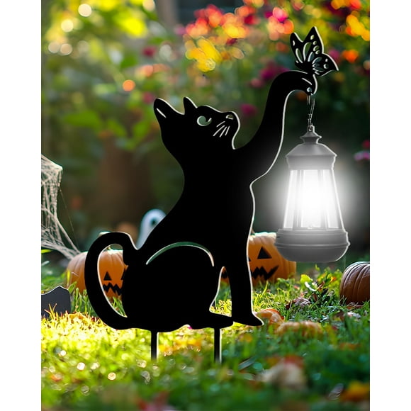 Lámpara solar para exteriores, diseño de gato, color negro, centelleante, 30,5 cm, para jardín