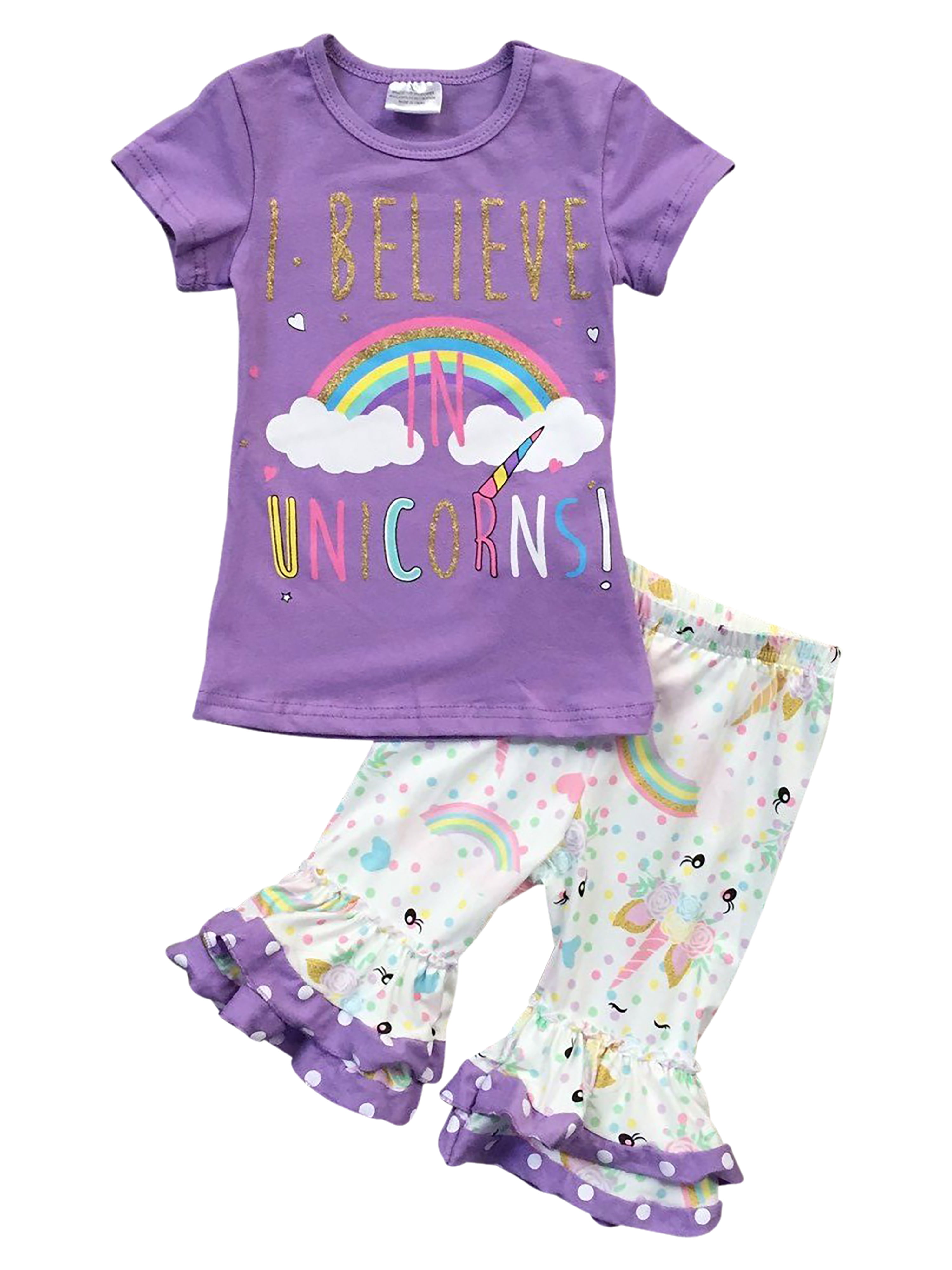 7, Unicorn Apple Slice Cute Girls Boutique Clothing Set Unicorn Apple Slice Toddler & Girls Back to School Ruffle Capri Outfit