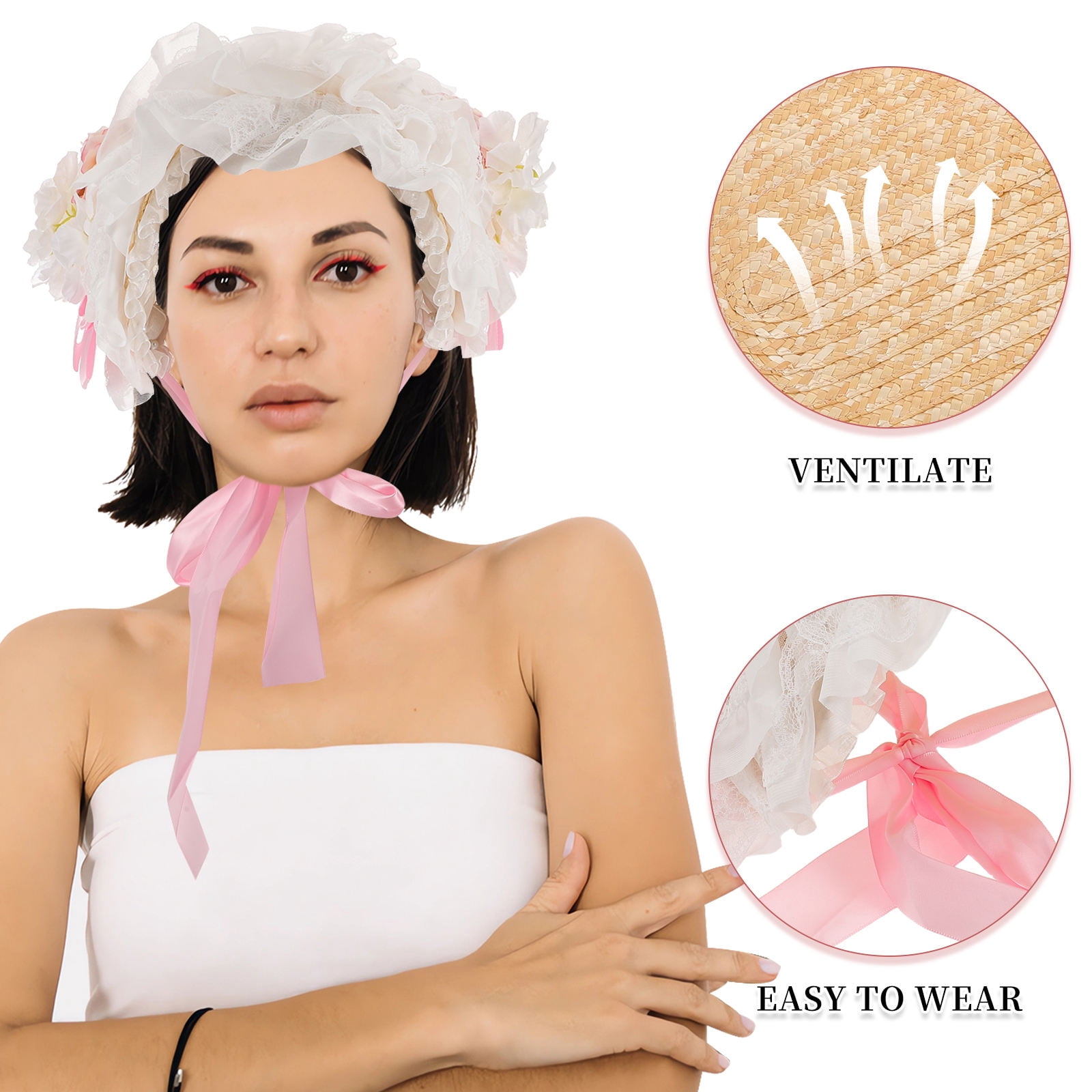LOLIPPYY Lolita Style Pink Rattan Bonnet Sun Hat with Wide Brim and Victorian Lace Floral Decor