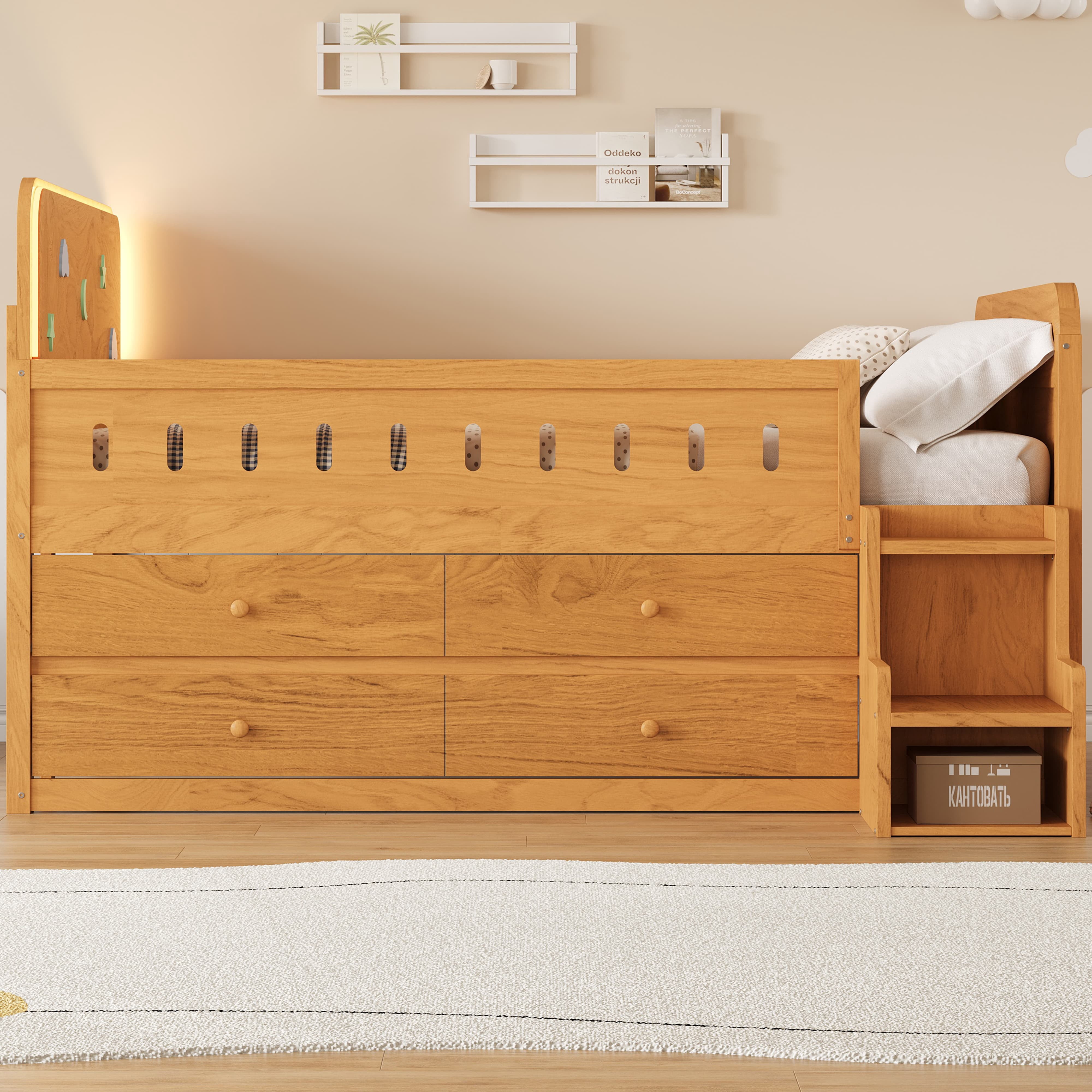 Euroco Wood Full Size Platform Bed with 4 Drawers and LED Light, Low Profile Kids Bed with Storage, White