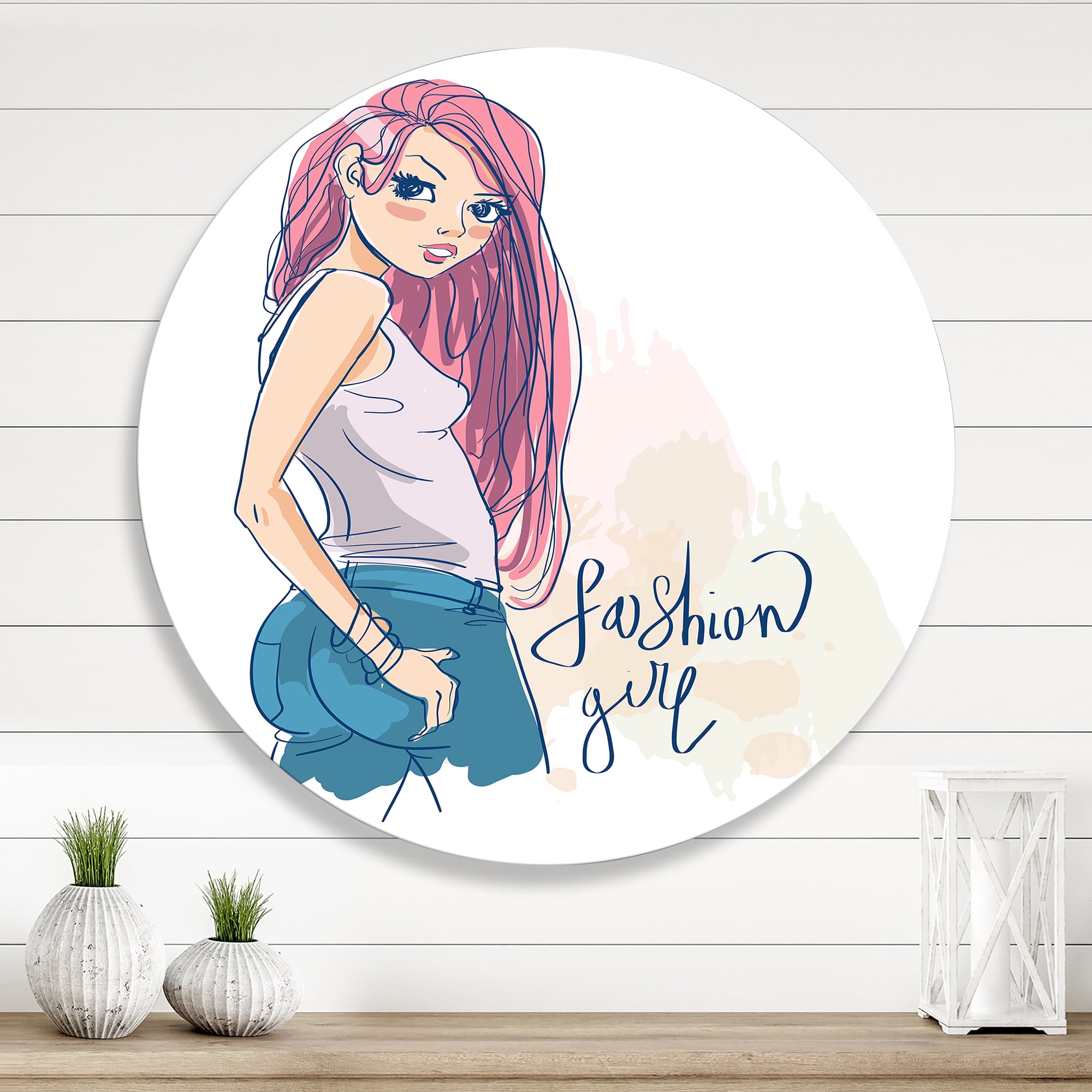 Designart 'Trendy Fashion Woman I' Children's Art Circle Metal Wall Art 11x11 - Disc of 11