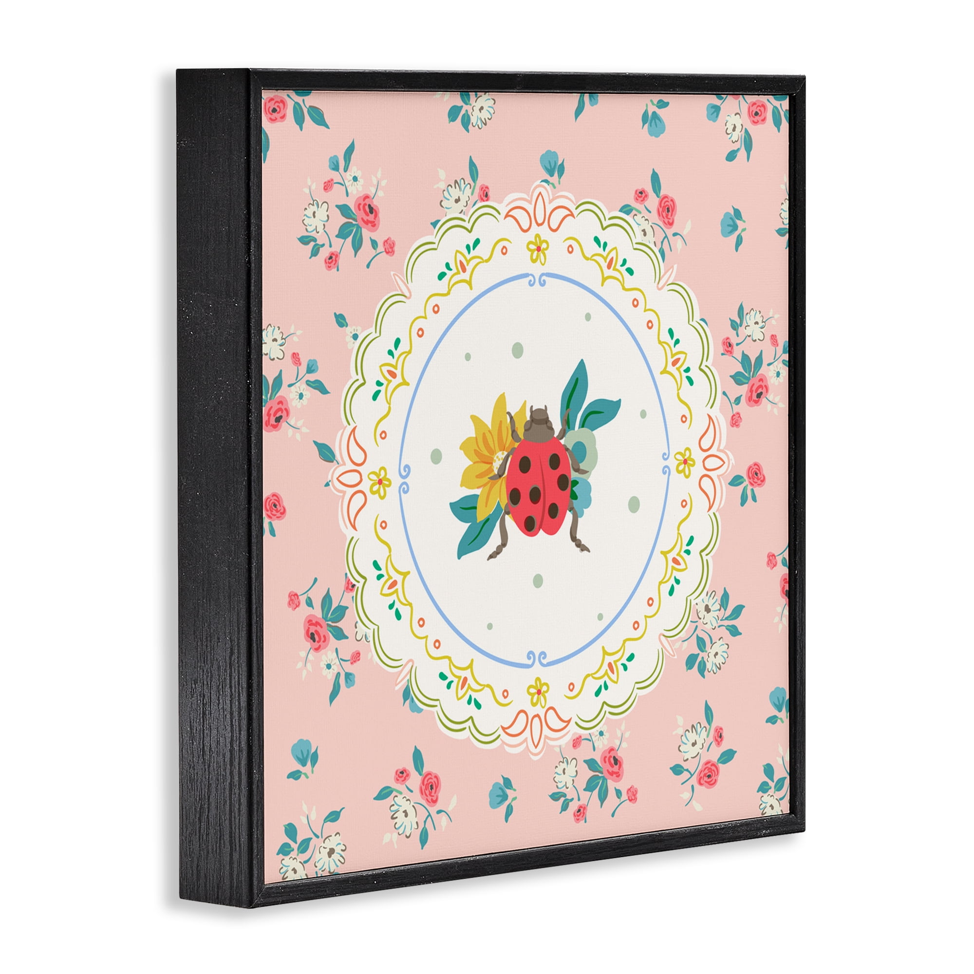 Spring Lady Bug Lace Pattern Black Framed Giclee Art, design by Angela Steahling