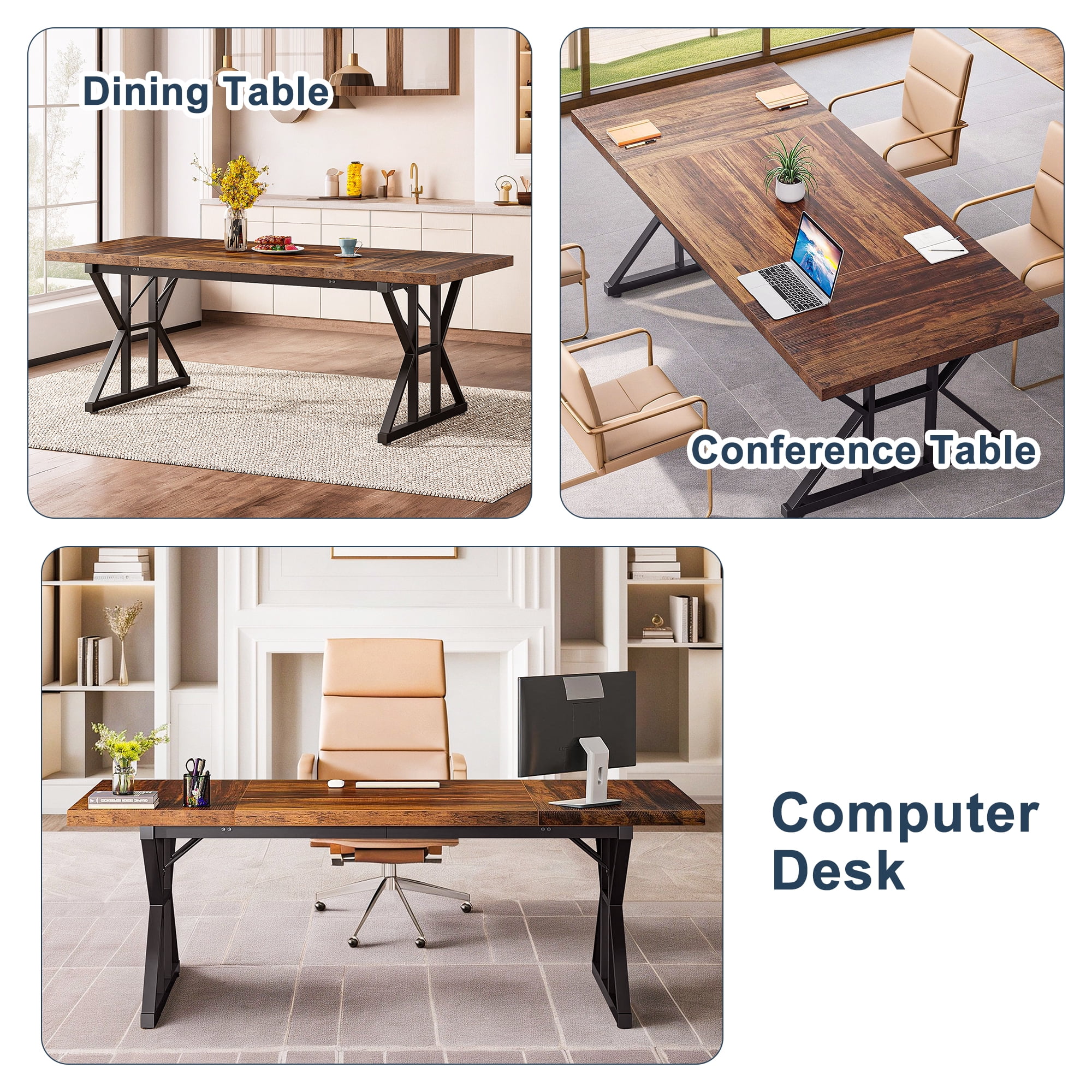 Demi Bonn 71" Farmhouse Dining Table, Wood Rustic Kitchen Table for 6 People, Large Rectangular Dinner Table for Dining Room, Home Office, Living Room Furniture, Brown & Black