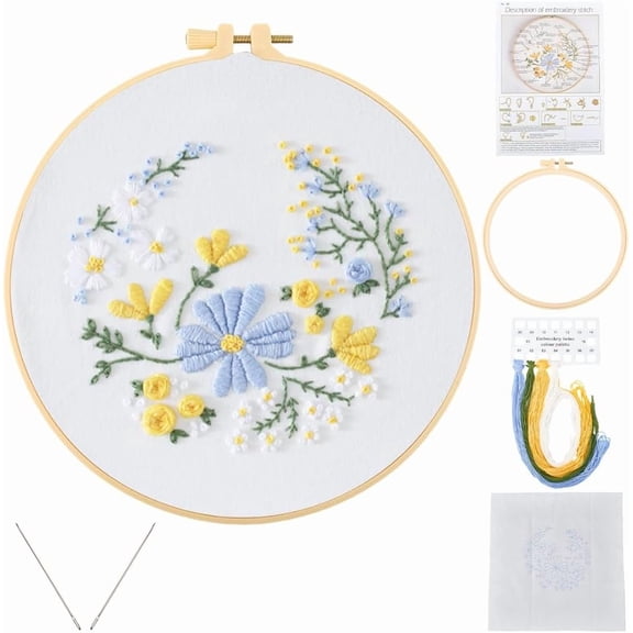 Flower Hand Embroidery Starting Kit Stitch Kits with Hoop Easy Stamped Floral Pattern Needlepoint Threads Instruction Sets for Adults Beginners Diy Stitches Starter Practice Art Crafts