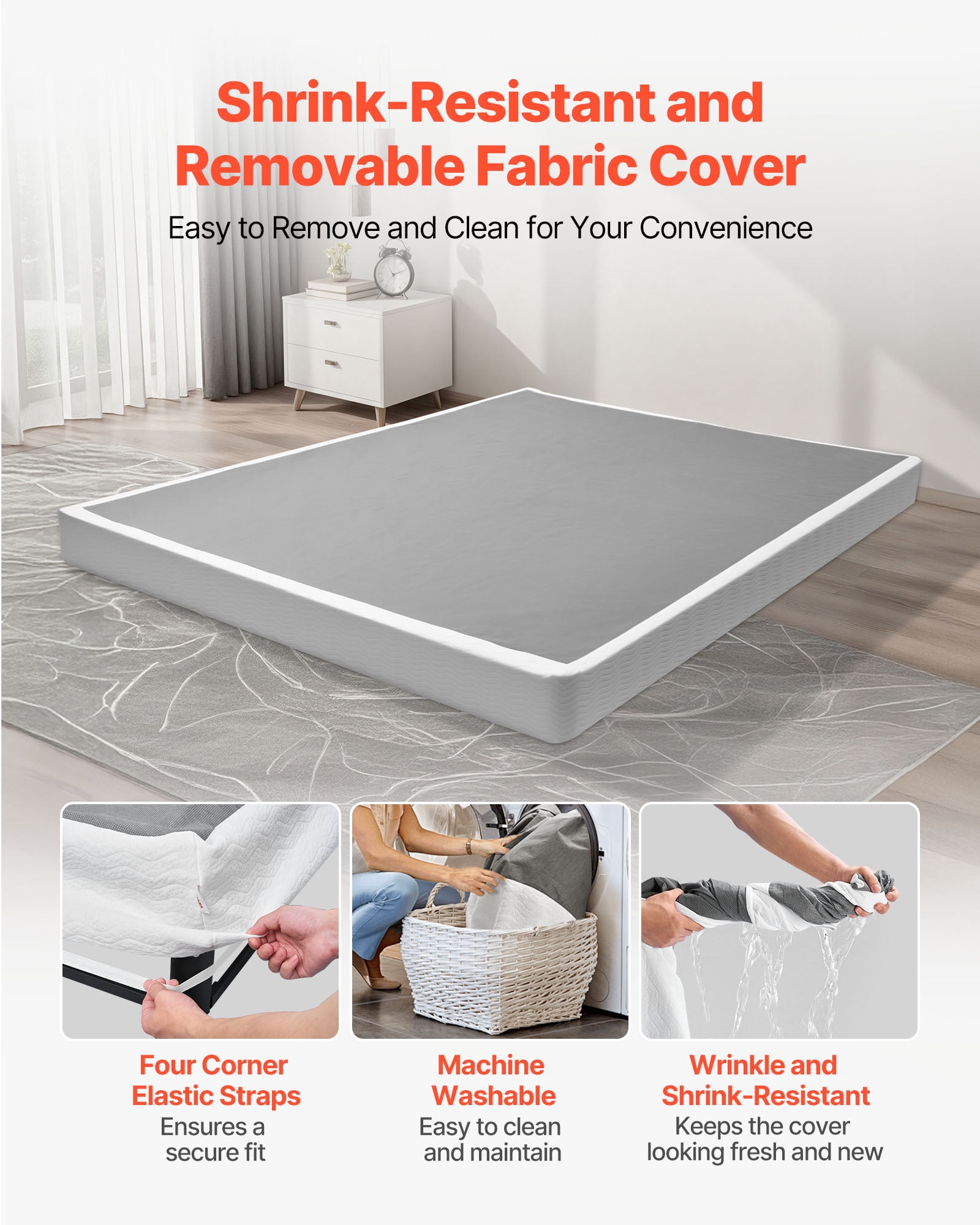 VEVOR Box Spring, Queen Size Bed Frame with Washable Fabric Cloth, Heavy Duty Metal Frame for Queen Bed, 4 in Mattress Foundation, 3500 lbs Max Weight Capacity, Easy Assembly,79.1 L x 59.4 W x 4 H in