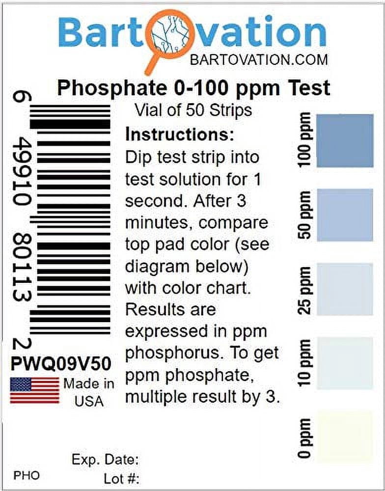 Bartovation Phosphorous and Phosphate Detection Test Strips, 0-100 ppm [Vial of 50 Strips]