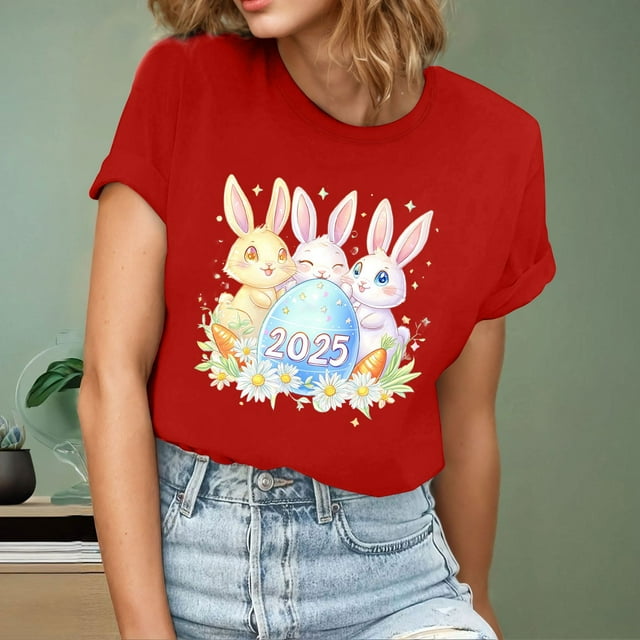 Ounisa T-Shirts à Manches Courtes pour Femmes Col Rond Imprimé Easter Bunny Tissu Doux Coupe Ample Printemps Été 2026 Mode Décontractée Quotidienne Confortable Tendance Basique Hauts P-2TG