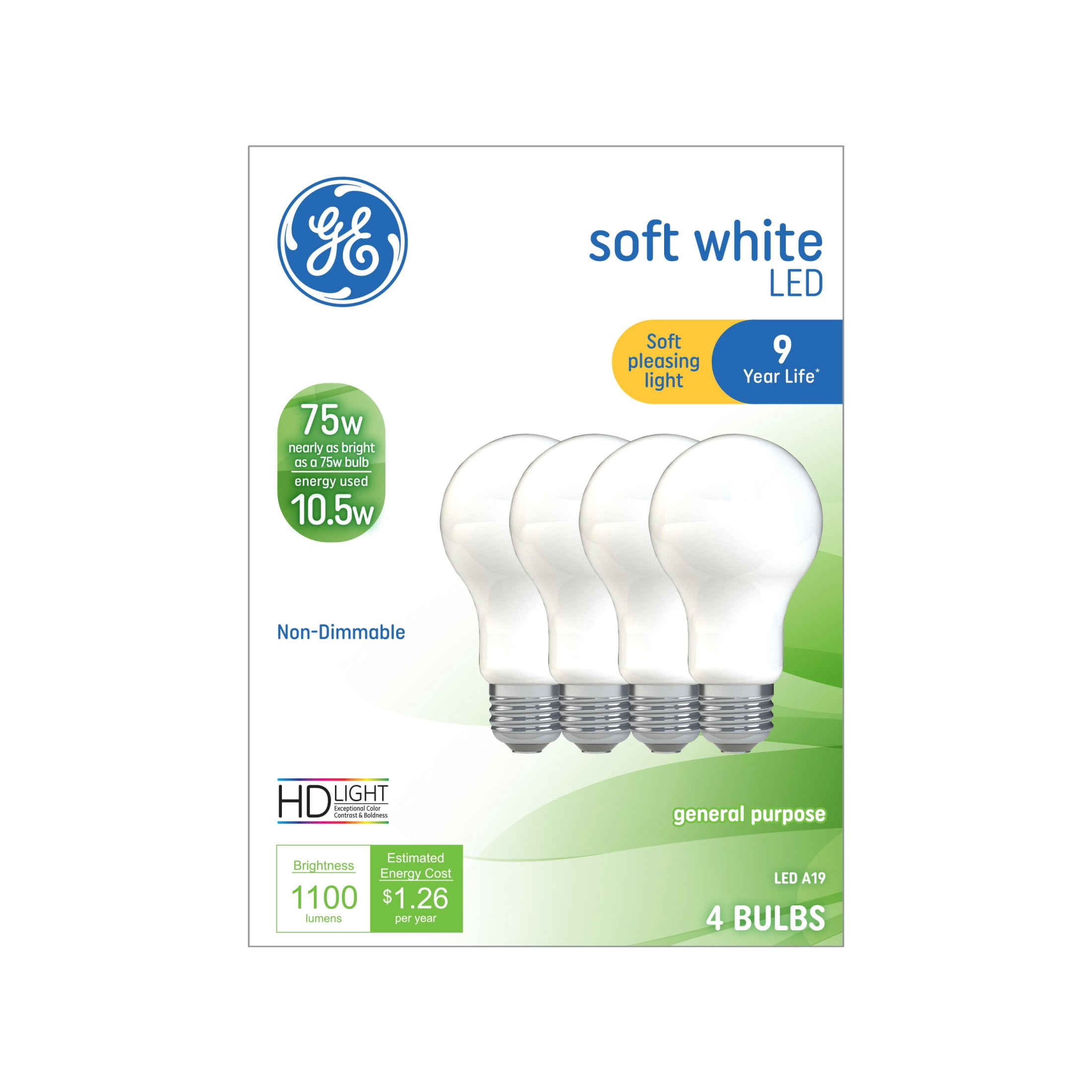 GE LED Light Bulbs, 75 Watt, Soft White, A19 Bulbs, Medium Base, 9yr, 4pk