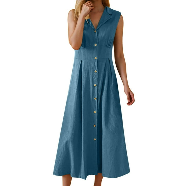 Vestido informal para mujer: largo con botones, cuello elegante, cómodo para el verano, lavable a máquina