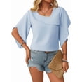 thumbnail image 3 of Dycnvjo Womens 2025 Summer 1/2 Sleeve Tunic Tops Chiffon Work Blouse V-Neck Dressy Casual Shirt Light Blue XXL, 3 of 9