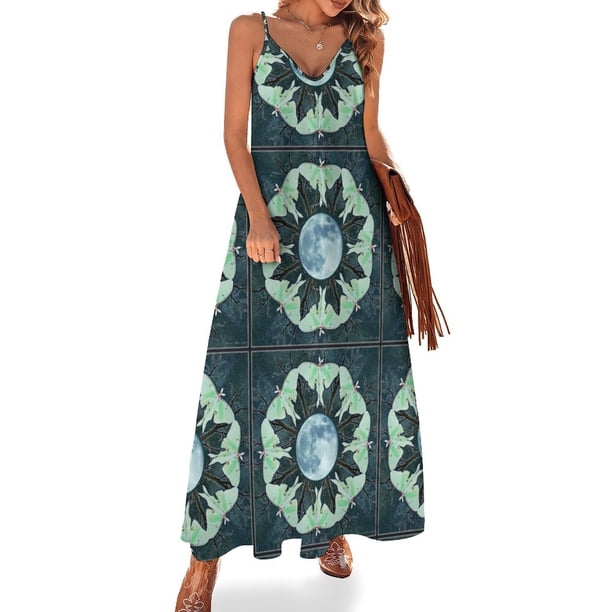 Vestido sin mangas con diseño de mandala y luna llena y polilla de luna, vestidos de cóctel para la playa, vestidos elegantes y chic para bodas y noches