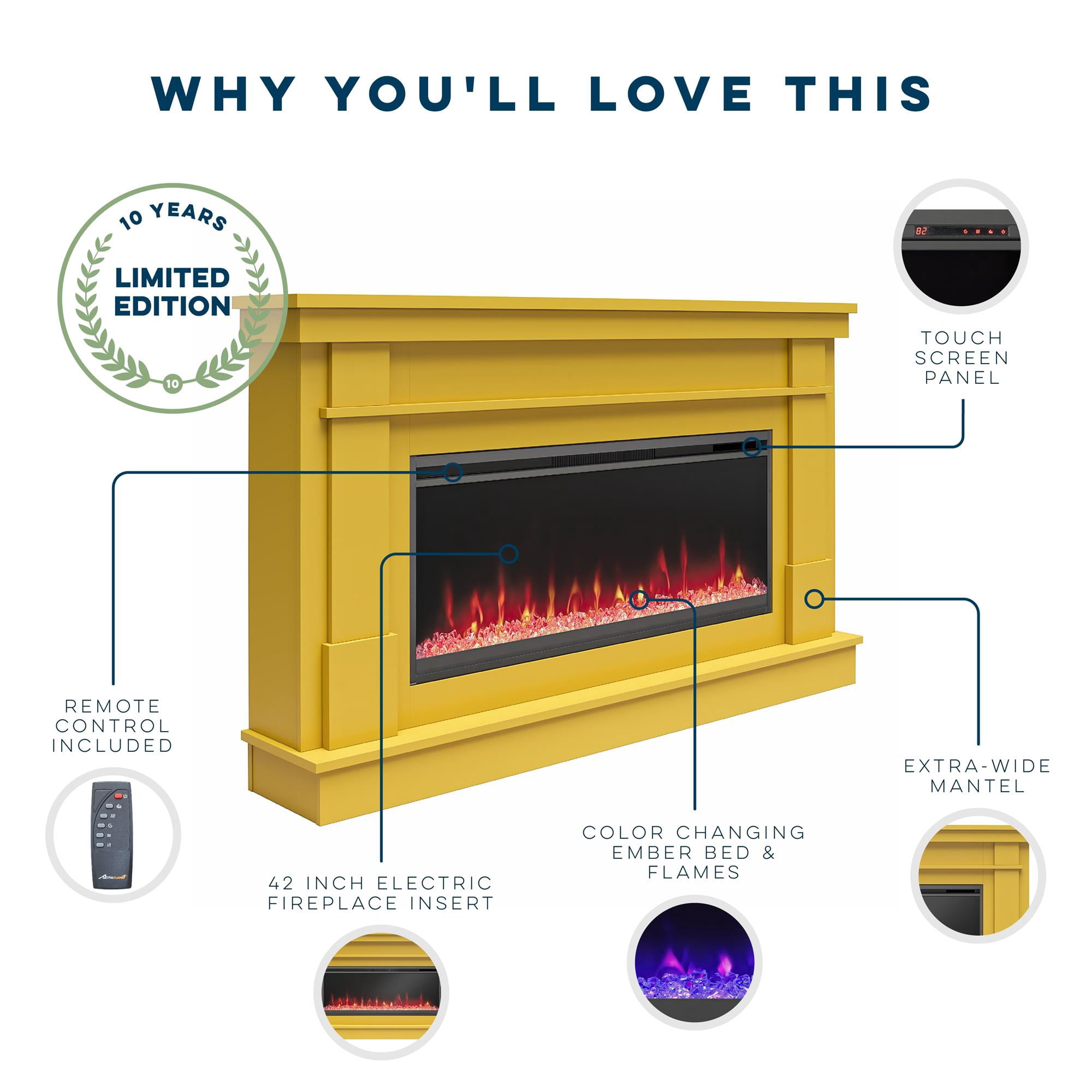 Waverly Wide Mantel with Linear Electric Fireplace & Crystal Ember Bed, Mustard Yellow