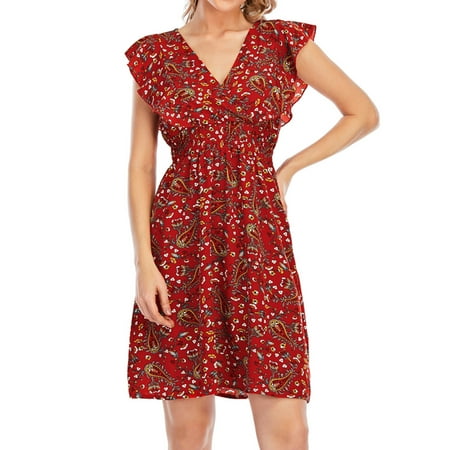 

Zkozptok Womens Dresses Casual Sexy Fashion Summer V Neck Short Sleeve Loose Printing Dress Red L