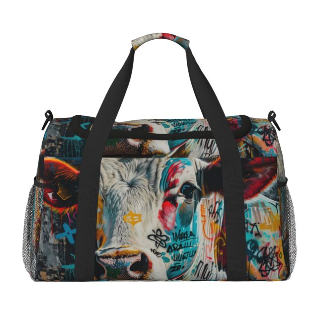 Easygdp Colorful Graffiti Cow Bolsa de Gimnasio, Bolsa de Viaje Duffel, Bolsa de Fin de Semana con Compartimentos, Bolsa de Mano para Noche
