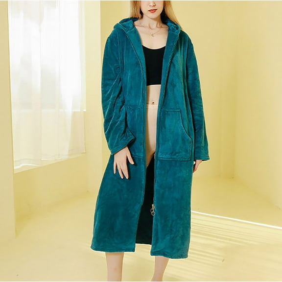 Womens Zip up Hooded Long Bathrobe Winter Fashion Fuzzy Fleece Nightgown with Pockets Thermal Shower Robes New Sleepshirts for Women Green M